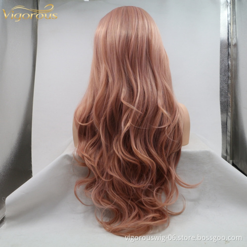 Fashion Idol High Quality Wholesale Long Natural Wavy Mono Pink Fiber Wigs 13*3 Lace Synthetic Hair Curly Making Machine